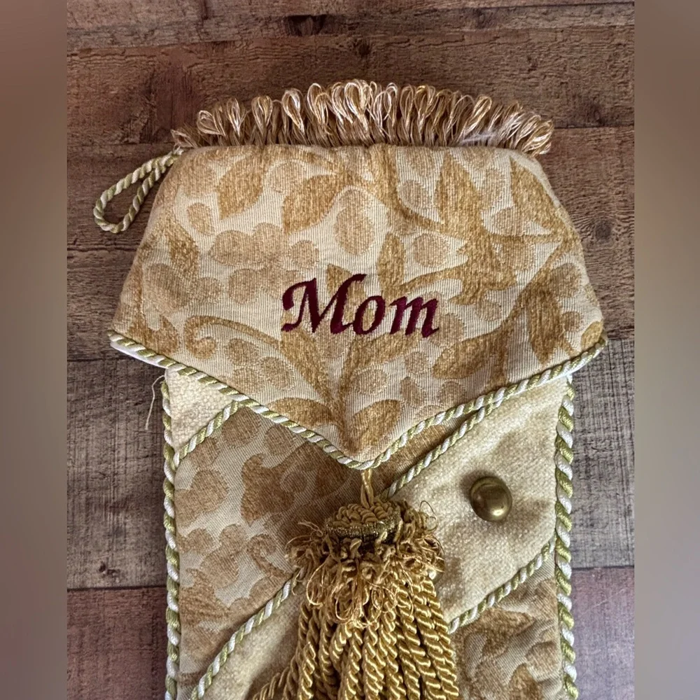 Pair Of Large Elegant Christmas Stockings Burgundy Gold Tassels Mom Dad Tapestry